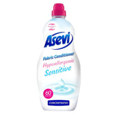 Asevi Sensitive Hypoallergenic Conditioner, 1380ml clear bottle with pink cap and “60 washes” label; concentrated formula ideal for sensitive skin.